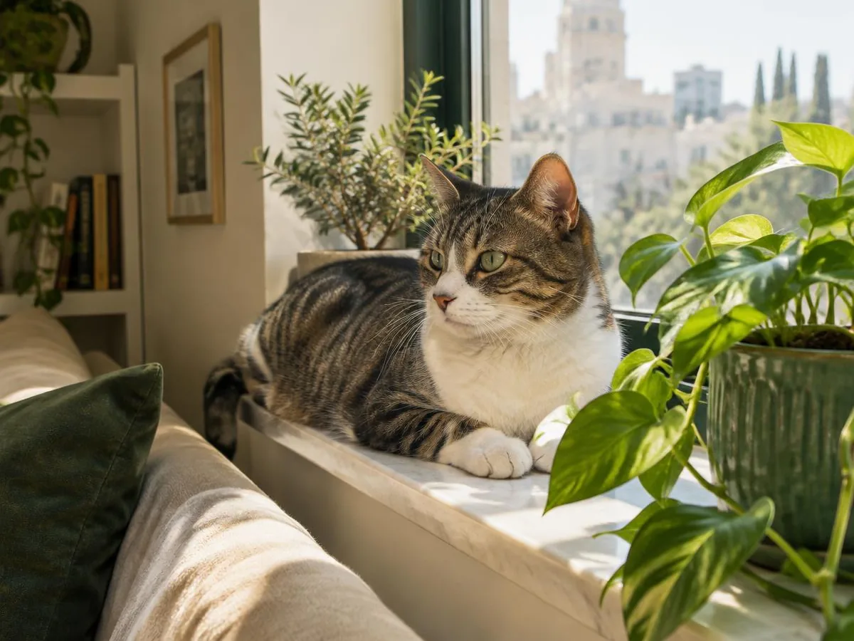 חתול בית מעורב שוכב על אדן חלון בדירה מוארת